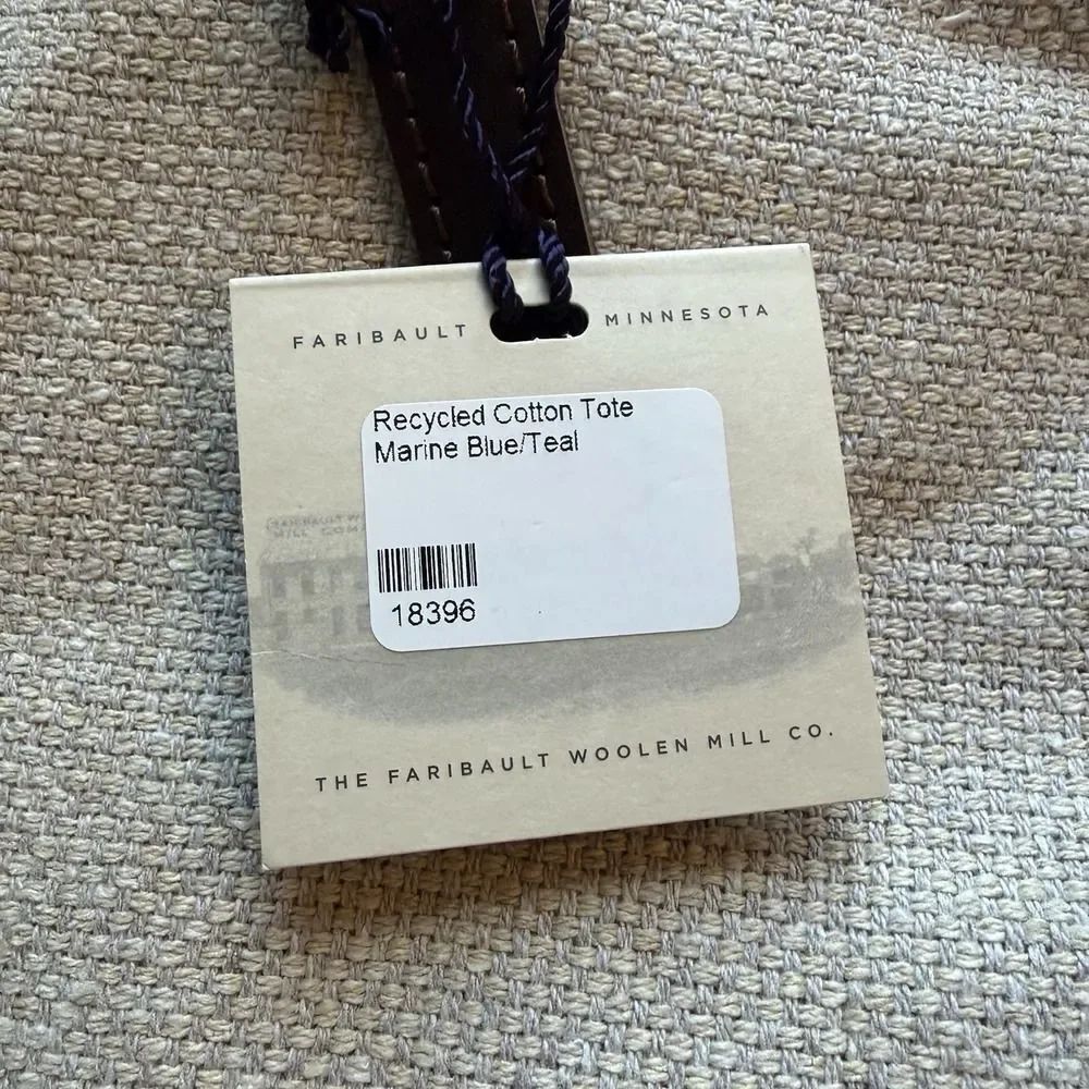 Faribault Woolen Mills Cotton Tote Bag MADE IN USA Leather Straps NWT Blue - Picture 4 of 8
